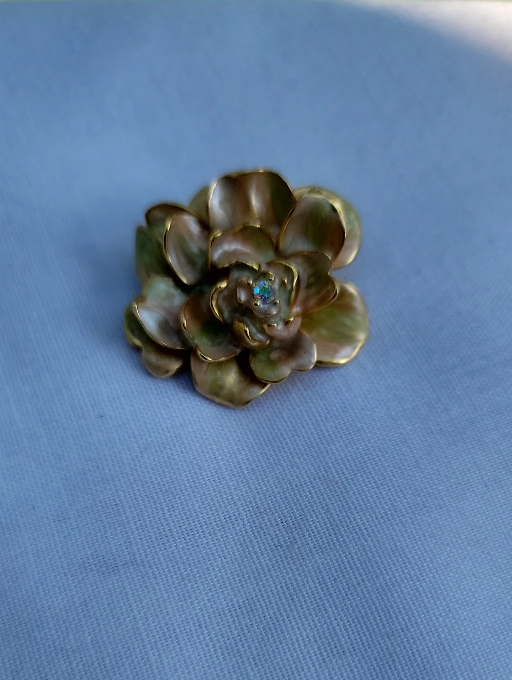 Vintage Joan Rivers Gold-Tone Floral Aurora Borealis Center Brooch Cabbage Rose